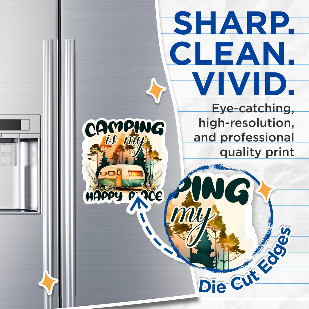 (2 Pack) Camping is My Happy Place Magnets - Camper Trailer Magnets - Outdoor Adventure Magnets- 5" On Longest Side - for Fridges, Toolboxes, Cars - Made in USA - MAG2888