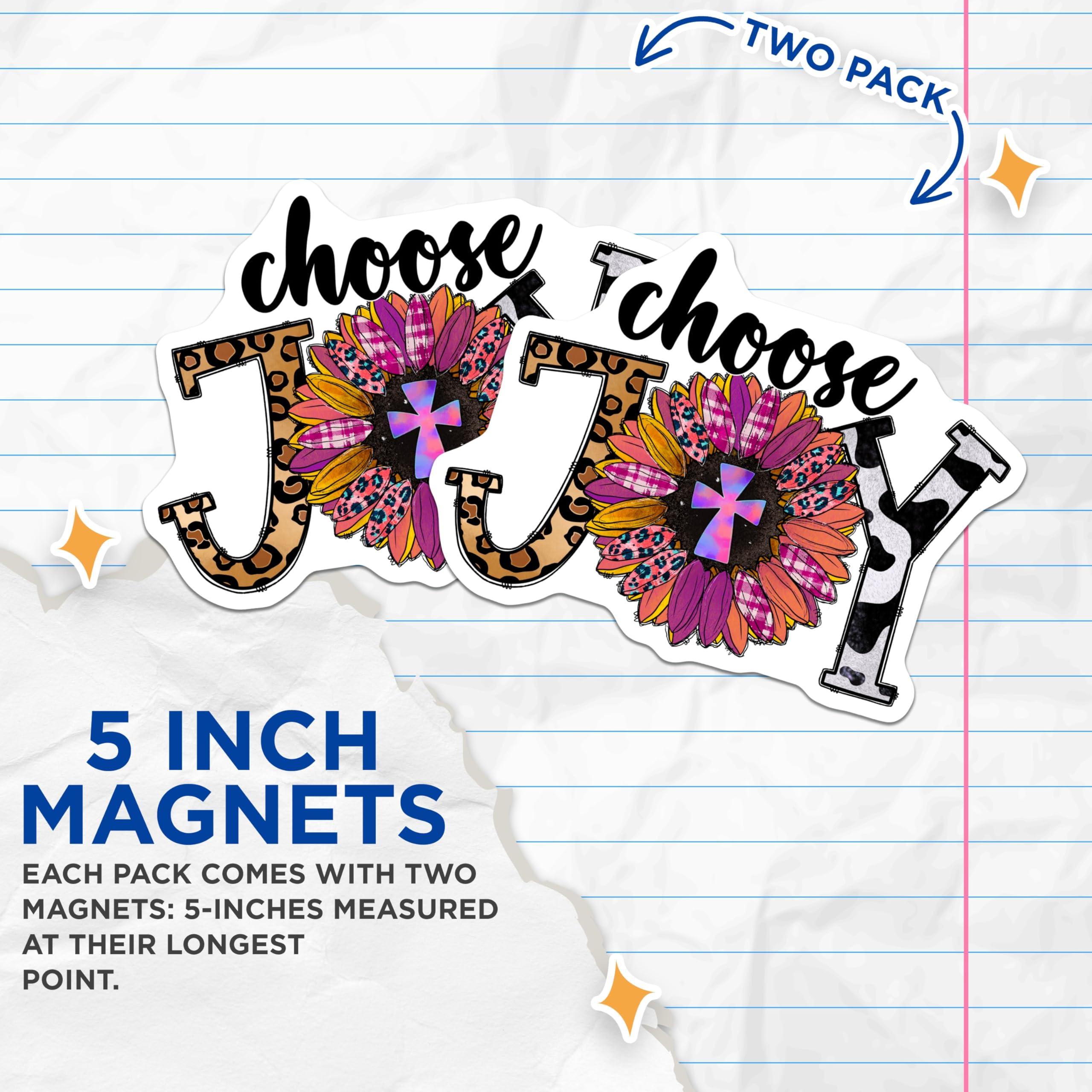 (2 Pack) Choose Joy Magnets - Sunflower Cross Christian Decor - Cow Print Leopard Boho Faith Kitchen Magnets - 5 Inches On Longest Side - Thick Durable Magnet - Made in USA - MAG27579