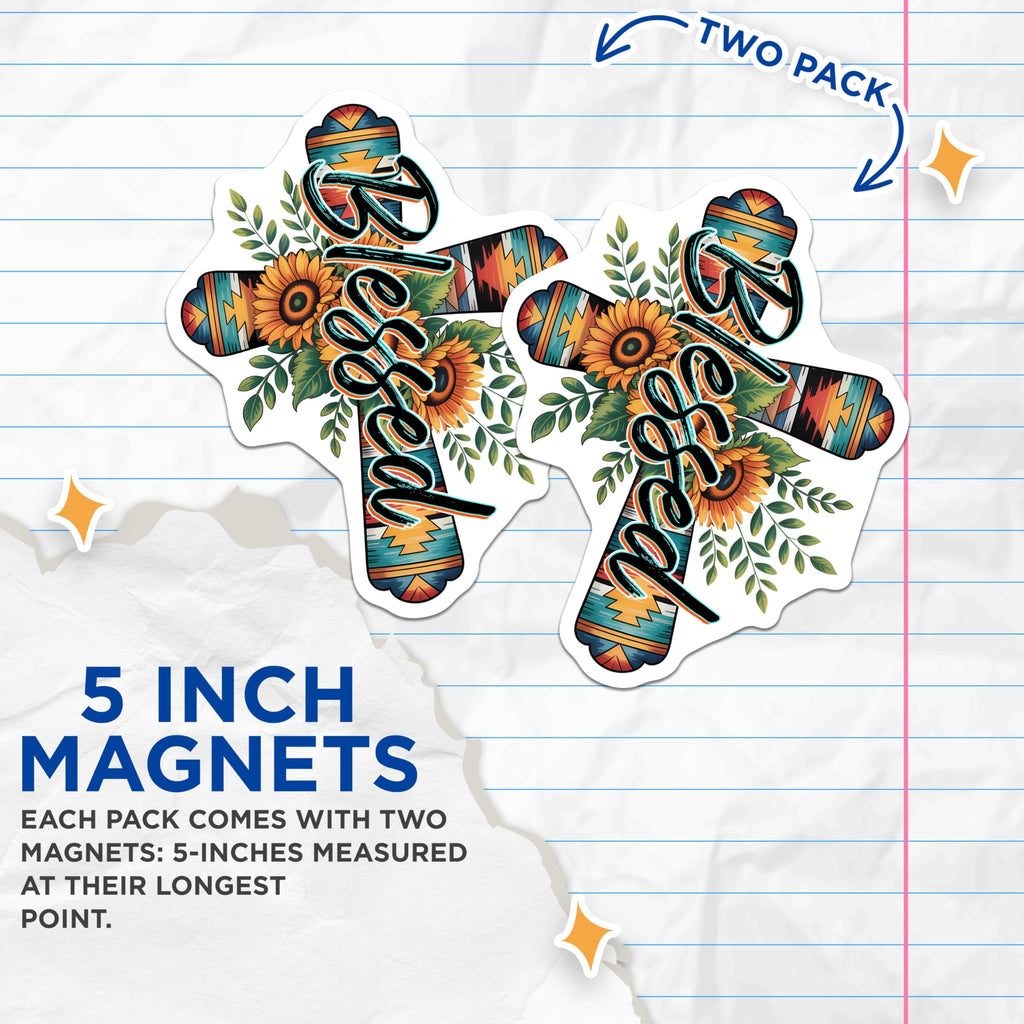(2 Pack) Blessed Cross Magnets - Southwestern Sunflowers - Religious Home Decor - 5" On Longest Side - Premium Magnet - for Cars, Refrigerators, Toolboxes, Lockers - Made in USA - MAG14458