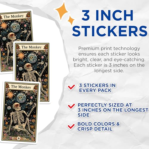 (3 Pack) Monkey Tarot Card Decals - Skeletal Artwork - Astrology Laptop Decals - 3 Inches On Longest Side - Easy Peel & Apply - Made in USA - 3MCS2479