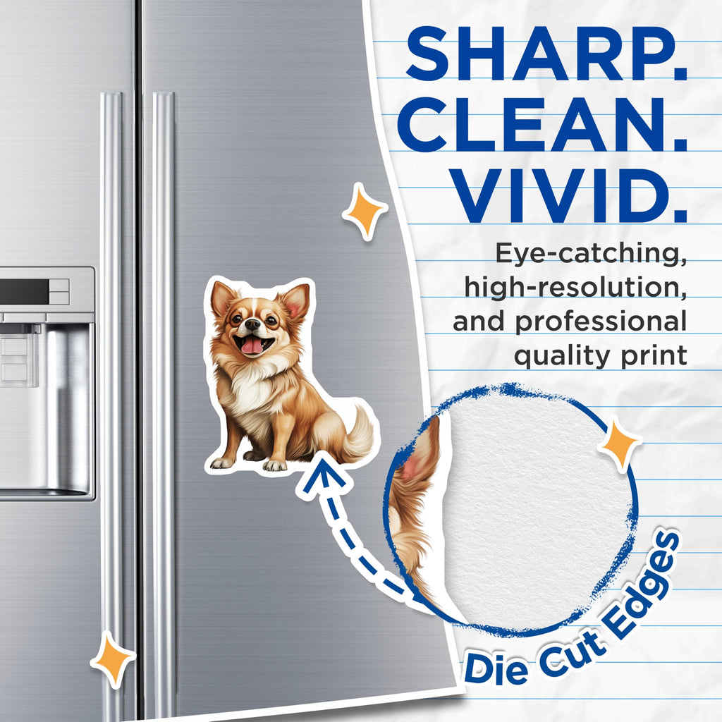 (2 Pack) Happy Chihuahua Magnets - Adorable Fluffy Dog Decor - Smiling Pet Lover Refrigerator Accessory - 5 Inches On Longest Side - Thick Durable Magnet - Made in USA - MAG24872