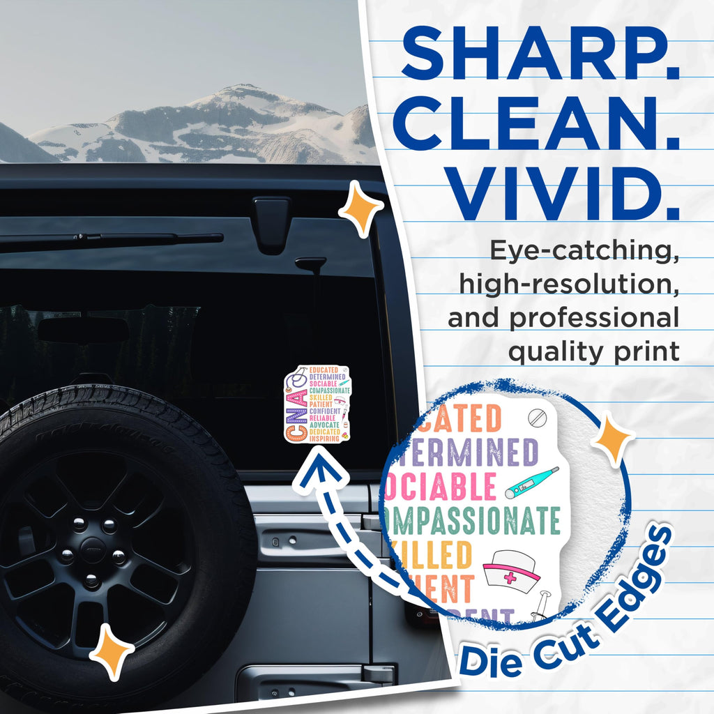 (2 Pack) CNA Educated Determined Stickers - Compassionate Skilled Patient Stickers - Confident Reliable Advocate Stickers - 5" On Longest Side - Sticks to Smooth Flat Surfaces- Made in USA - BMCS3080