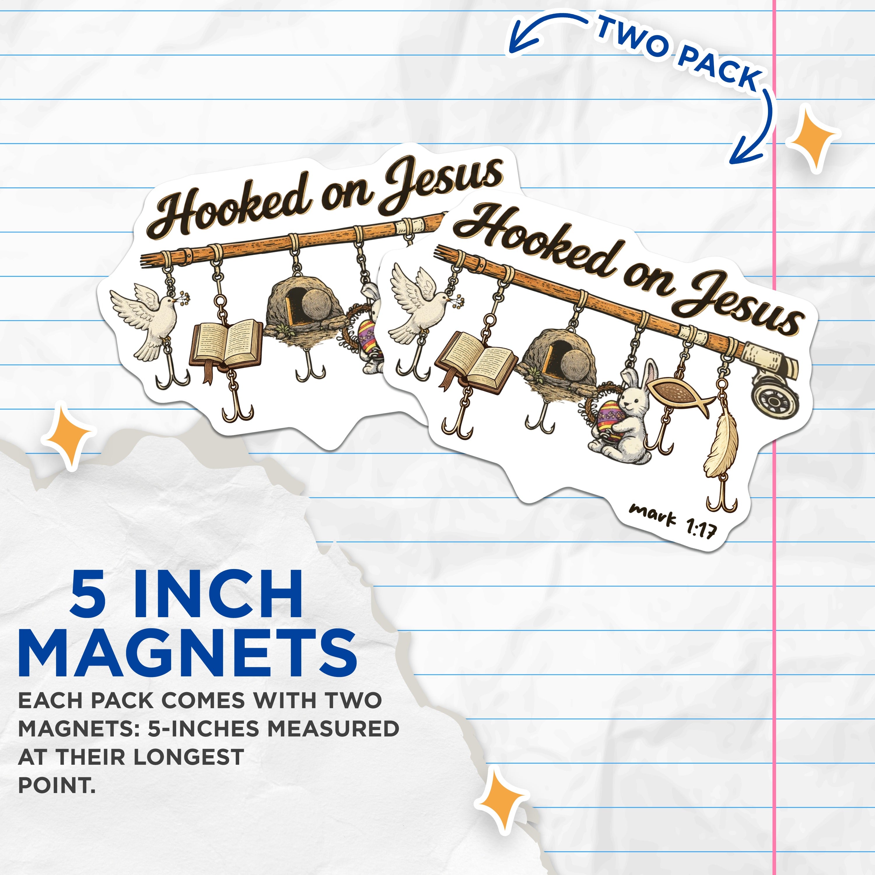 (2 Pack) Hooked on Jesus Magnets - Christian Faith Decor - Easter Resurrection Art - Bible Verse Mark 1:17-5 Inches On Longest Side - Thick Durable Magnet - Made in USA - MAG36310
