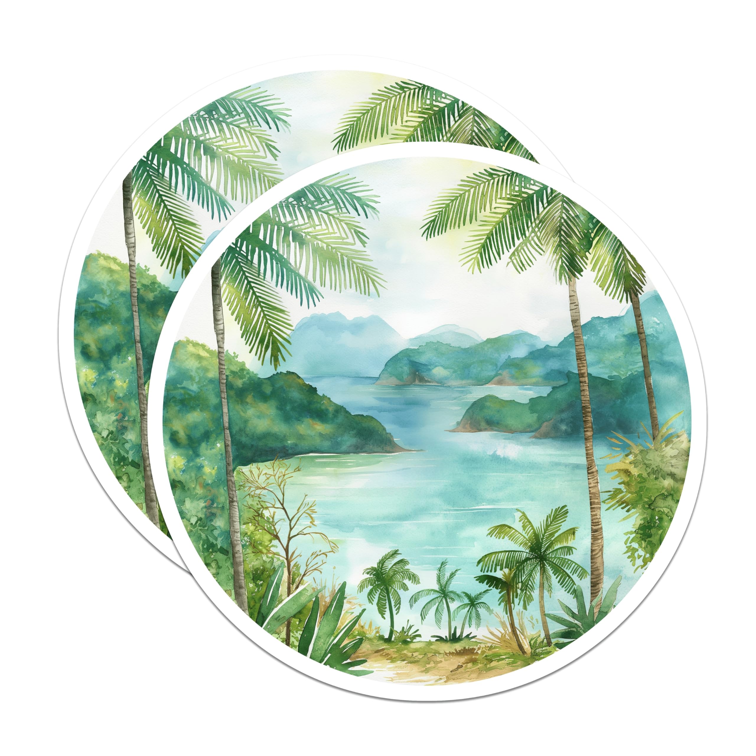 (2 Pack) Tropical Ocean Bay Magnets - Watercolor Island Landscape Art - Serene Palm Tree Coastal Scene Decor - 5 Inches On Longest Side - Thick Durable Magnet - Made in USA - MAG19911