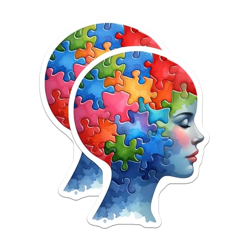 (2 Pack) Puzzle Face Art Stickers - Colorful Brain Illustration - Puzzle Piece Head Art - 5" On Longest Side - Sticks to Smooth Flat Surfaces - Made in USA - BMCS6966
