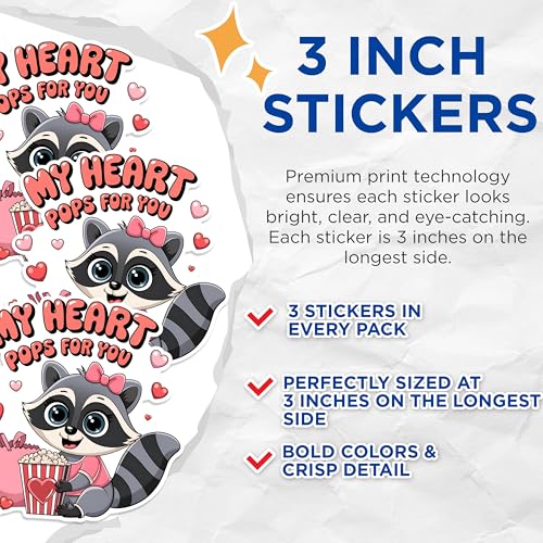 (3 Pack) My Heart Pops for You Decals - Raccoon Laptop Decals - Valentine's Day Decor - 3 Inches On Longest Side - Easy Peel & Apply - Made in USA - 3MCS1794