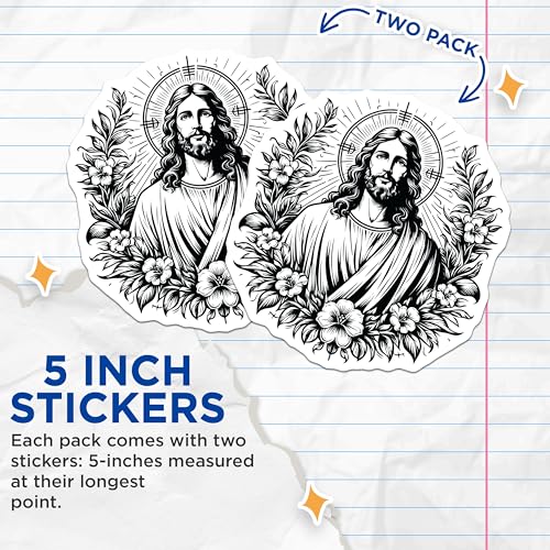 (2 Pack) Jesus Stickers - Religious Art - Jesus Christ Illustration - 5" On Longest Side - Sticks to Smooth Flat Surfaces - Made in USA - BMCS7328