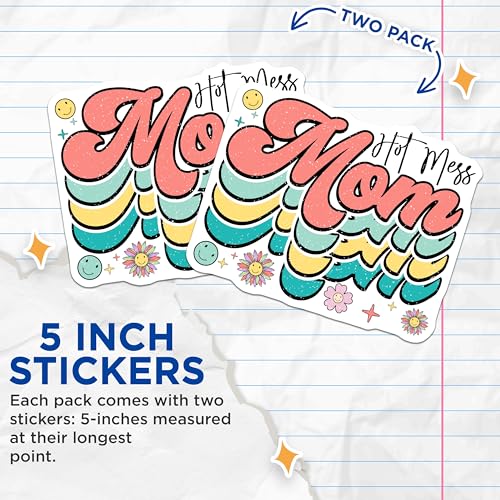 (2 Pack) Hot Mess Mom Stickers - 5" On Longest Side - Sticks to Smooth Flat Surfaces - Made in USA - BMCS8886 - BMCS8886