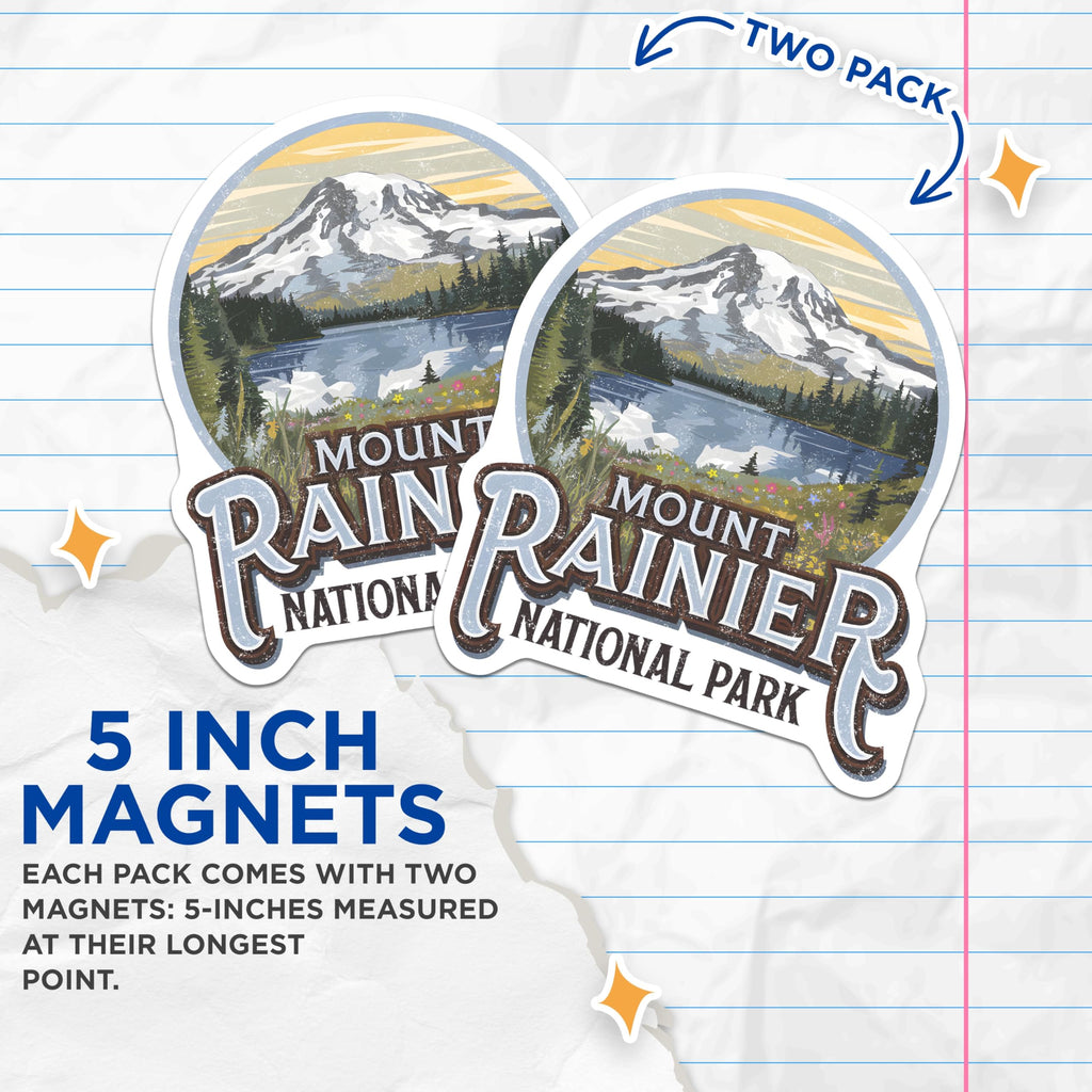 (2 Pack) Mount Rainier Magnets - National Park Souvenir - Washington State Decor - 5" On Longest Side - Premium Magnet - for Cars, Refrigerators, Toolboxes, Lockers - Made in USA - MAG17633