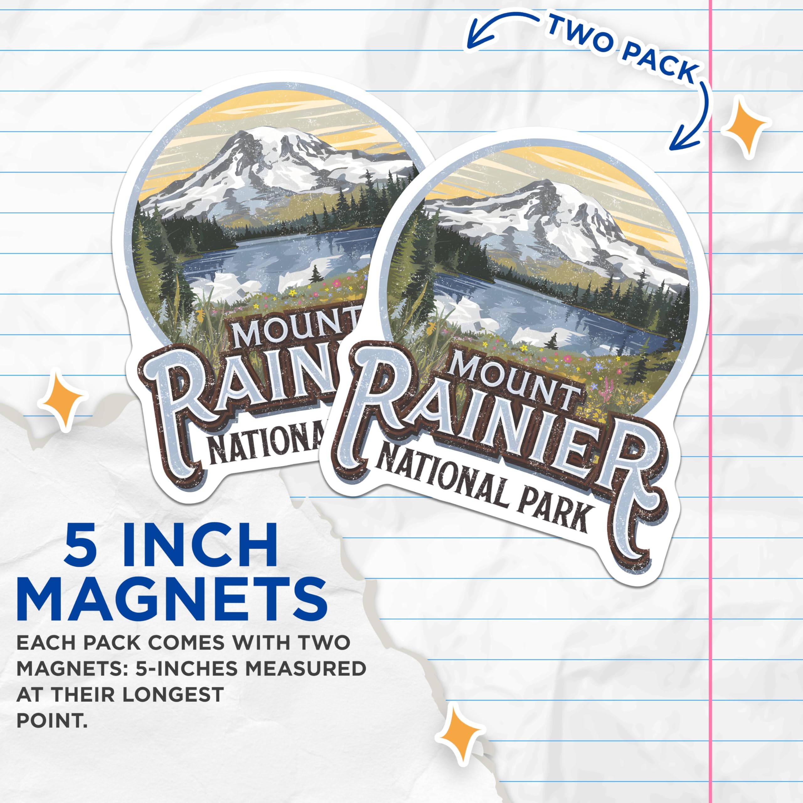 (2 Pack) Mount Rainier Magnets - National Park Souvenir - Washington State Decor - 5" On Longest Side - Premium Magnet - for Cars, Refrigerators, Toolboxes, Lockers - Made in USA - MAG17633