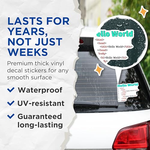 (2 Pack) Hello World Stickers - HTML Code - Coding Decal for Programmers - 5" On Longest Side - Sticks to Smooth Flat Surfaces - Made in USA - BMCS7435