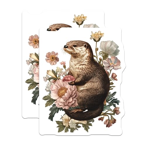 (2 Pack) Otter Floral Magnets - Decorative Animal - Cute Wildlife Illustration - Nature Inspired - 5" On Longest Side - for Cars, Refrigerators, Toolboxes, Lockers - Made in USA BMCS3508
