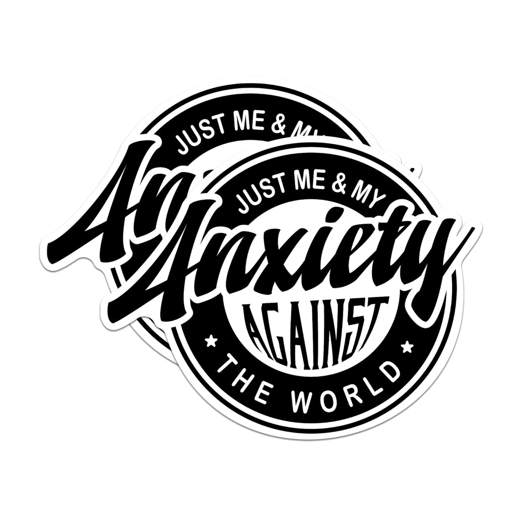 (2 Packs) Just Me and My Anxiety Against The World Stickers - Funny Social Anxiety Decals - 5 Inches On Longest Side - Premium Vinyl Decal - Sticks to Any Smooth Flat Surface - Made in USA - BMCS2491
