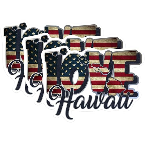 (3 Pack) Love Hawaii Decals - USA Flag Decor - Patriotic Laptop Decal - 3 Inches On Longest Side - Easy Peel & Apply - Made in USA - 3MCS0302