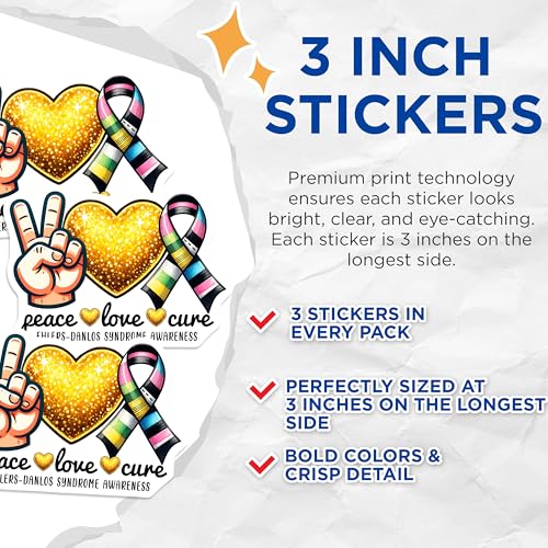 (3 Pack) Ehlers Danlos Syndrome Awareness Decals - Peace Love Cure - Laptop Decal - 3 Inches On Longest Side - Easy Peel & Apply - Made in USA - 3MCS6966
