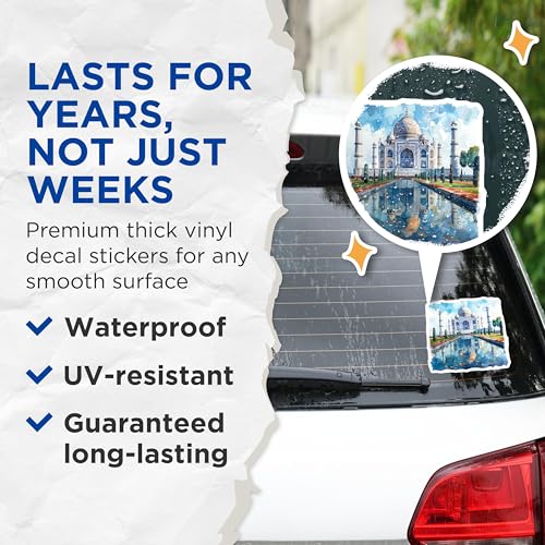 (2 Pack) Taj Mahal Stickers - India Travel Stickers - Watercolor Landmark Stickers - 5" On Longest Side - Sticks to Smooth Flat Surfaces - Made in USA - BMCS5199