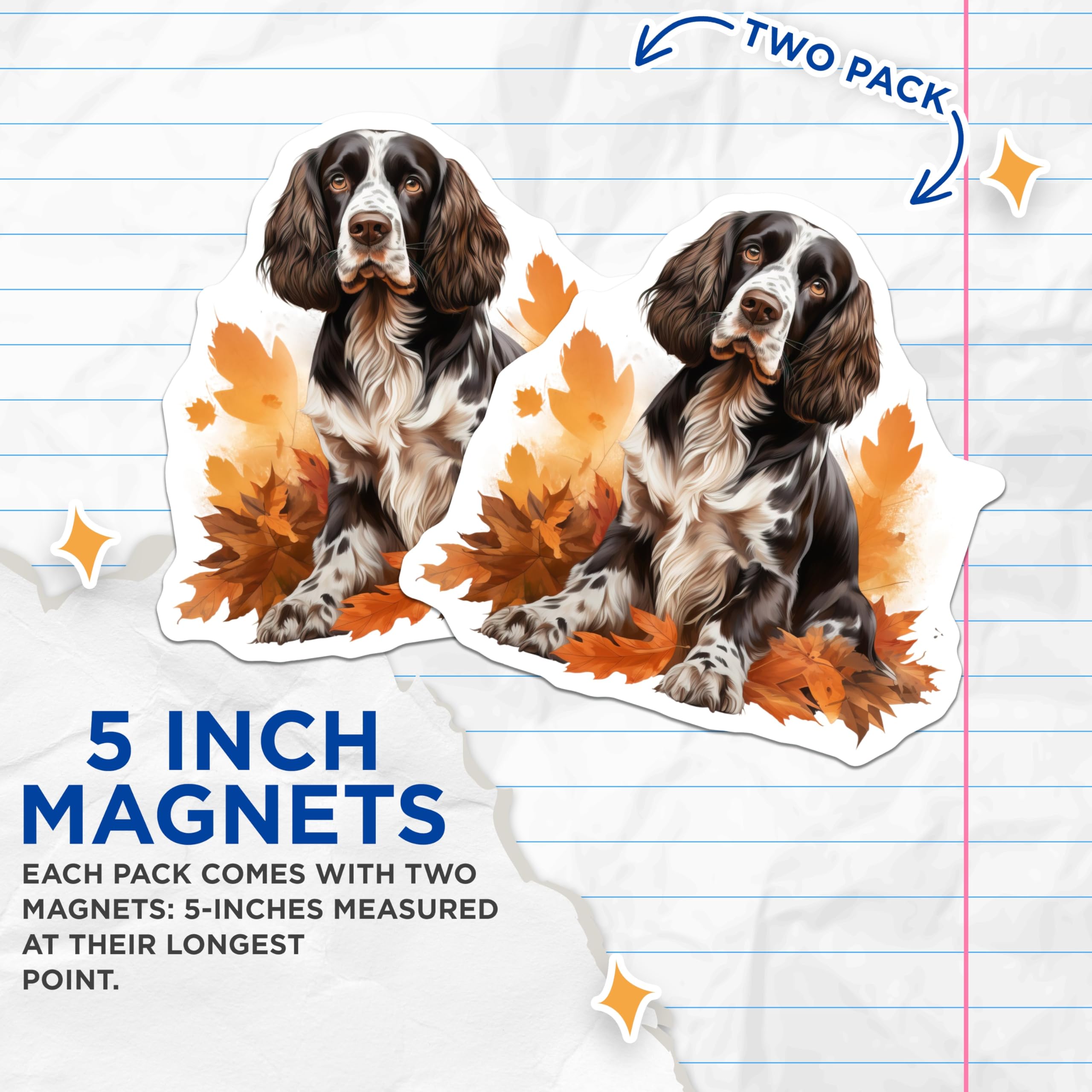 (2 Pack) Springer Spaniel Dog Magnets - Autumn Leaves Decor - Pet Lover Home Accessory - Fall Kitchen Fridge Art - 5 Inches On Longest Side - Thick Durable Magnet - Made in USA - MAG28088