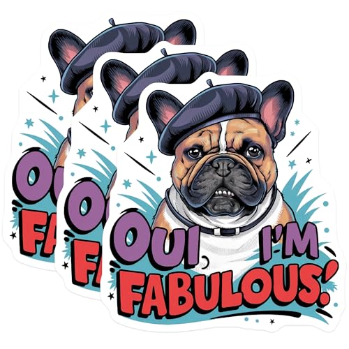 (3 Pack) French Bulldog Decals - Oui Im Fabulous - Dog in Beret Stickers - 3 Inches On Longest Side - Easy Peel & Apply - Made in USA - 3MCS7295