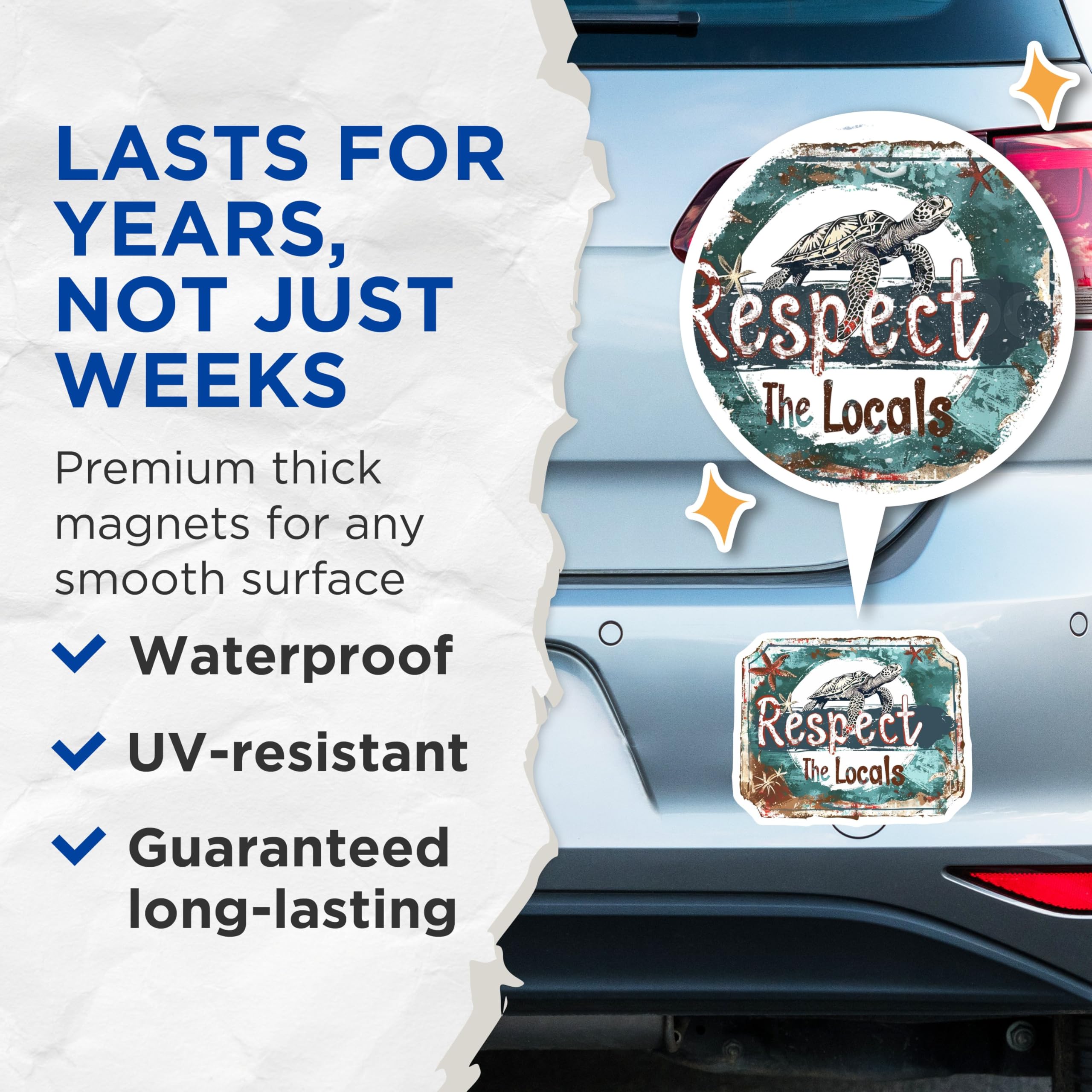 (2 Pack) Respect The Locals Magnets - Sea Turtle Design Magnets - Ocean Conservation Home Decor Magnets - 5" On Longest Side - for Cars, Refrigerators, Toolboxes, Lockers - Made in USA BMCS3059