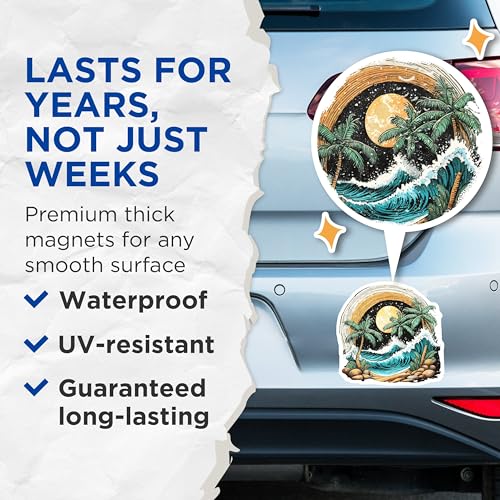 (2 Pack) Beach Sunset Magnets Magnets - Tropical Palm Trees - Ocean Wave Scene - 5" On Longest Side - Made in USA - Sticks to Refrigerators & Metal Surfaces - MAG9262