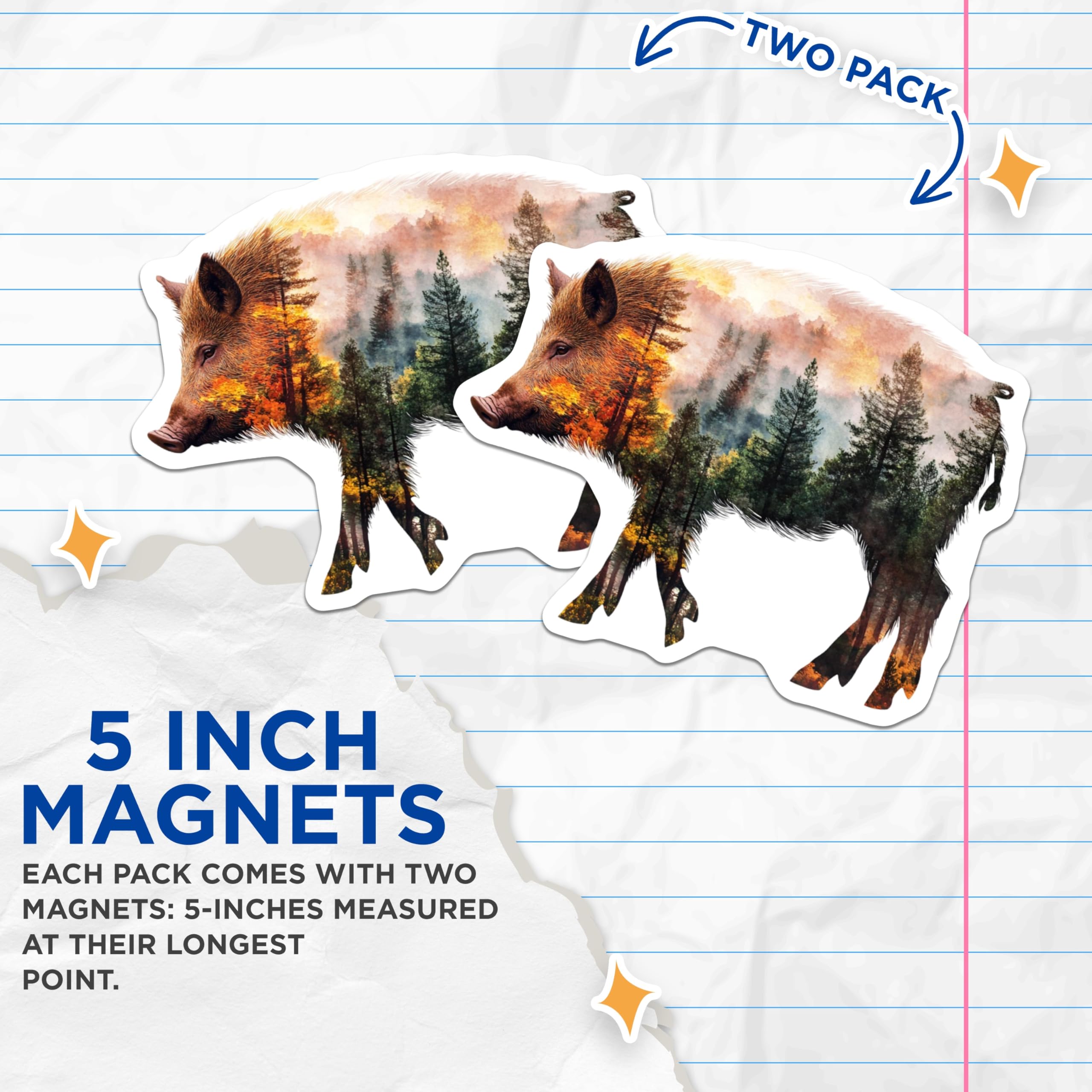 (2 Pack) Wild Boar Magnets - Forest Animal Decor - Nature Inspired Art - 5" On Longest Side - Premium Magnet - for Cars, Refrigerators, Toolboxes, Lockers - Made in USA - MAG16259