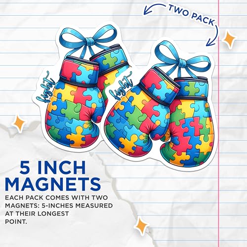 (2 Pack) Autism Awareness Puzzle Magnets - Boxing Gloves - Motivational Fight Magnets - Colorful Puzzle Piece - 5" On Longest Side - for Cars, Refrigerators, Toolboxes, Lockers - Made in USA BMCS3205