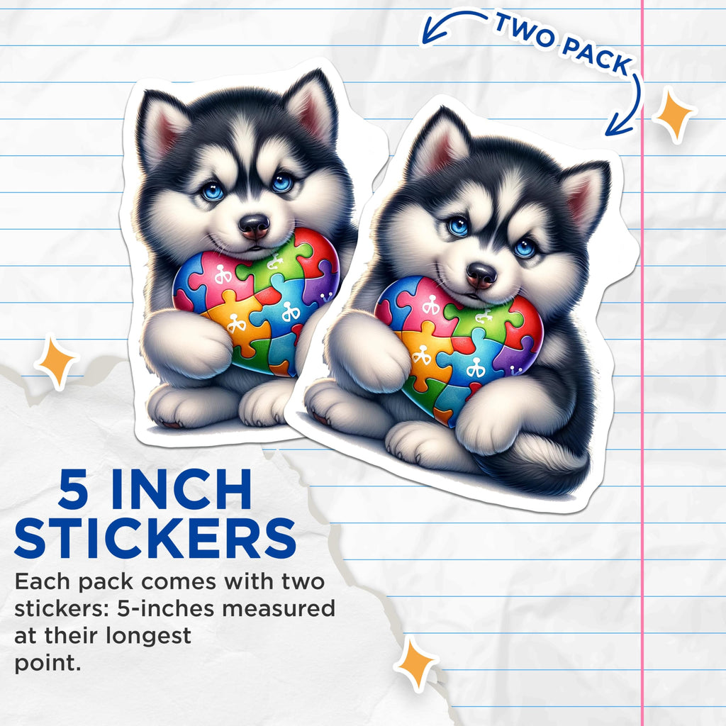 (2 Pack) Husky Puppy Puzzle Heart Stickers - Cute Dog Stickers - Colorful Animal Puzzle Stickers - 5" On Longest Side - Sticks to Smooth Flat Surfaces - Made in USA - BMCS9477