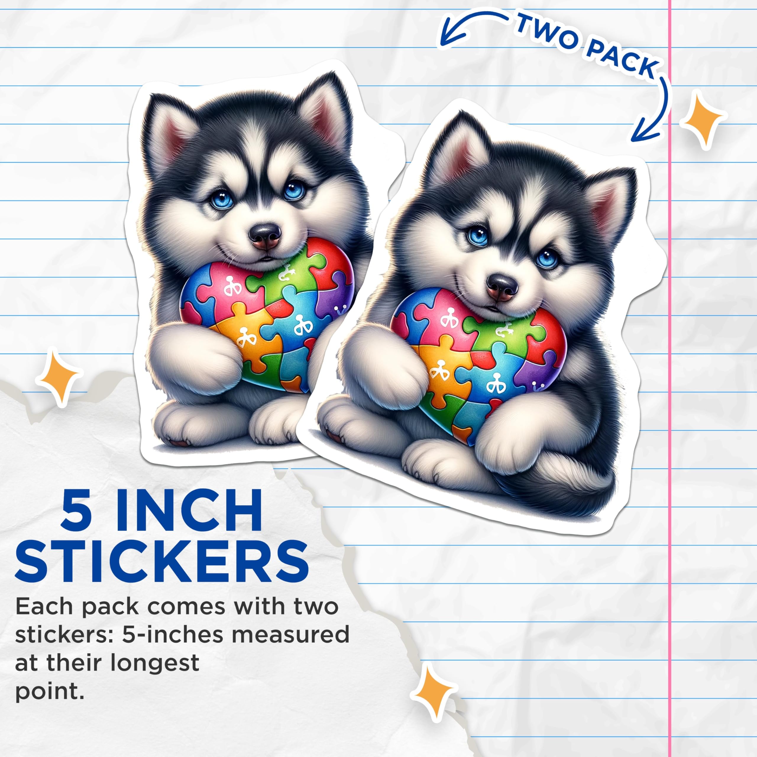 (2 Pack) Husky Puppy Puzzle Heart Stickers - Cute Dog Stickers - Colorful Animal Puzzle Stickers - 5" On Longest Side - Sticks to Smooth Flat Surfaces - Made in USA - BMCS9477