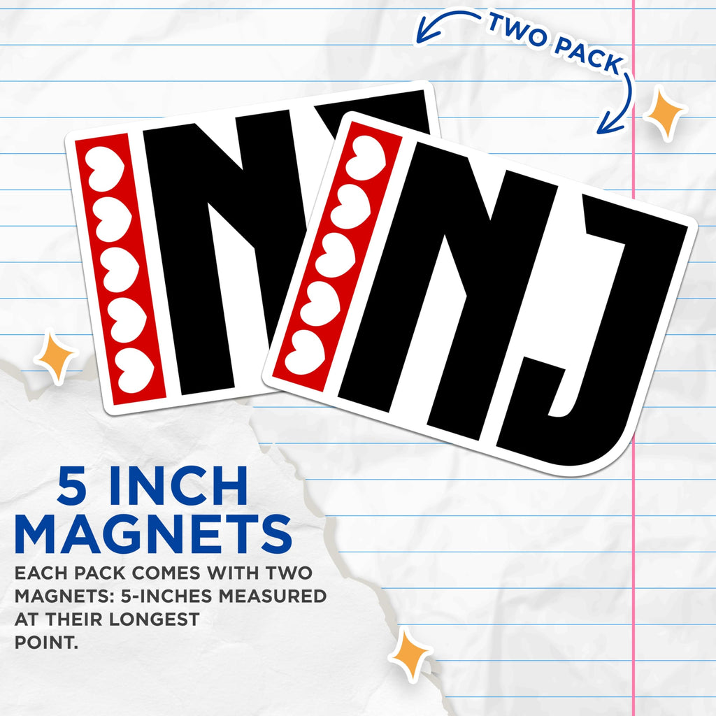 (2 Pack) NJ Heart Magnets - New Jersey Love - Garden State Decor - 5" On Longest Side - Premium Magnet - for Cars, Refrigerators, Toolboxes, Lockers - Made in USA - MAG18194