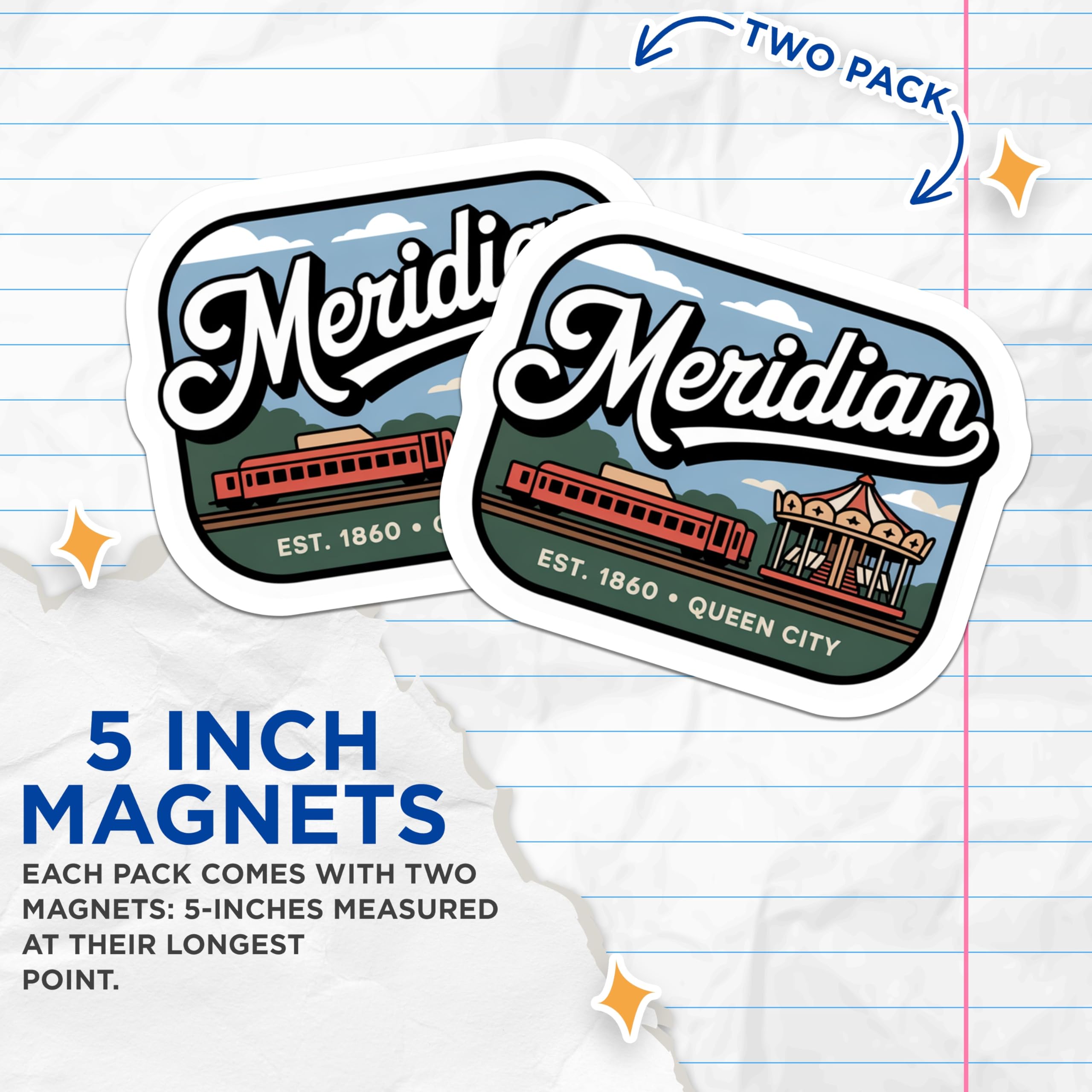 (2 Pack) Meridian Mississippi Magnets - Queen City Souvenir - Travel Memorabilia - 5" On Longest Side - Premium Magnet - for Cars, Refrigerators, Toolboxes, Lockers - Made in USA - MAG18158