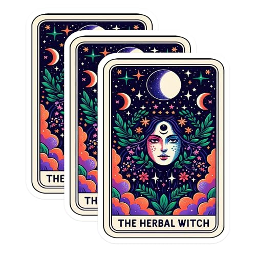 (3 Pack) Herbal Witch Decals - Tarot Card Decor - Laptop Decal - Celestial Witch Sticker - 3 Inches On Longest Side - Easy Peel & Apply - Made in USA - 3MCS4196