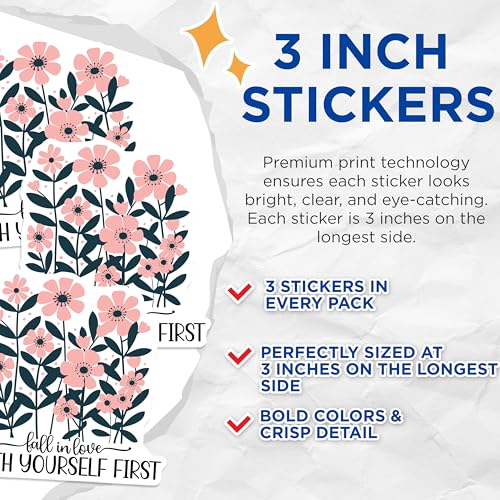 (3 Pack) Floral Quote Decals - Fall in Love with Yourself First Decal - Laptop Decal - 3 Inches On Longest Side - Easy Peel & Apply - Made in USA - 3MCS2639