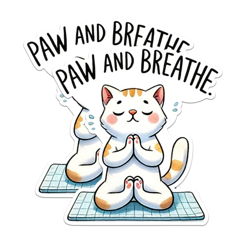 (2 Packs) Paw and Breathe Stickers - Meditating Meditation Cat Peaceful Zen Decals - 5 Inches On Longest Side - Premium Vinyl Decal - Sticks to Any Smooth Flat Surface - Made in USA - BMCS2417