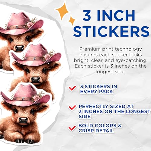 (3 Pack) Cowgirl Cow Decals - Pink Hat Cow - Farm Animal Decor - 3 Inches On Longest Side - Easy Peel & Apply - Made in USA - 3MCS2389