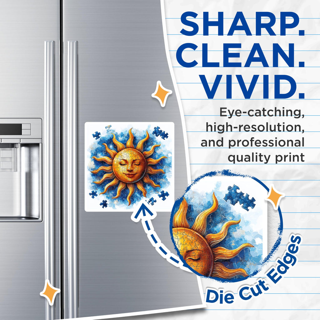 (2 Pack) Sun Puzzle Magnets - Mystical Celestial Fridge Magnets - Serene Bohemian Art - Unique Puzzle Lover Decor - 5 Inches On Longest Side - Thick Durable Magnet - Made in USA - MAG25081