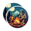 (2 Pack) Alien Bigfoot Magnets - Campfire Night Scene - UFO Sasquatch Cryptid Art - 5 Inches On Longest Side - Thick Durable Magnet - Made in USA - MAG23075