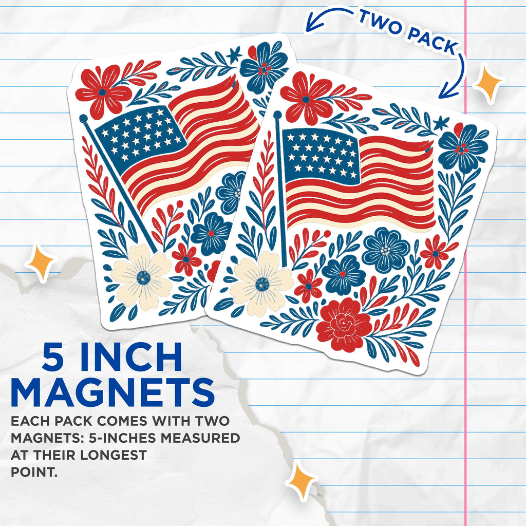 (2 Pack) Patriotic American Flag Magnets - Folk Art 4th of July - Americana Refrigerator Decor - 5 Inches On Longest Side - Thick Durable Magnet - Made in USA - MAG37140
