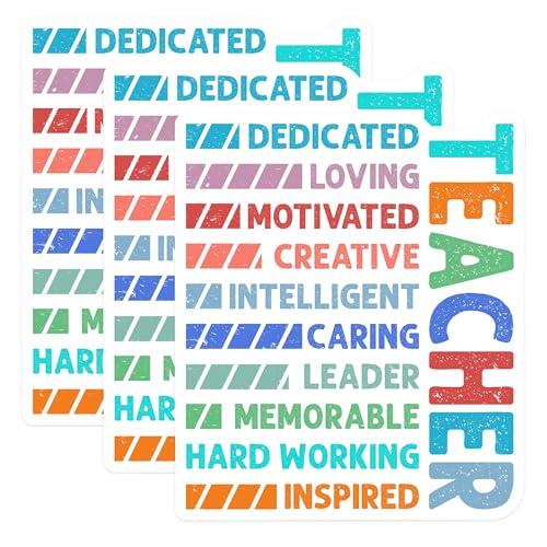 (3 Pack) Teacher Decals - Inspiring Educator Stickers - Dedicated Loving Motivated Creative Decal - 3 Inches On Longest Side - Easy Peel & Apply - Made in USA - 3MCS4556