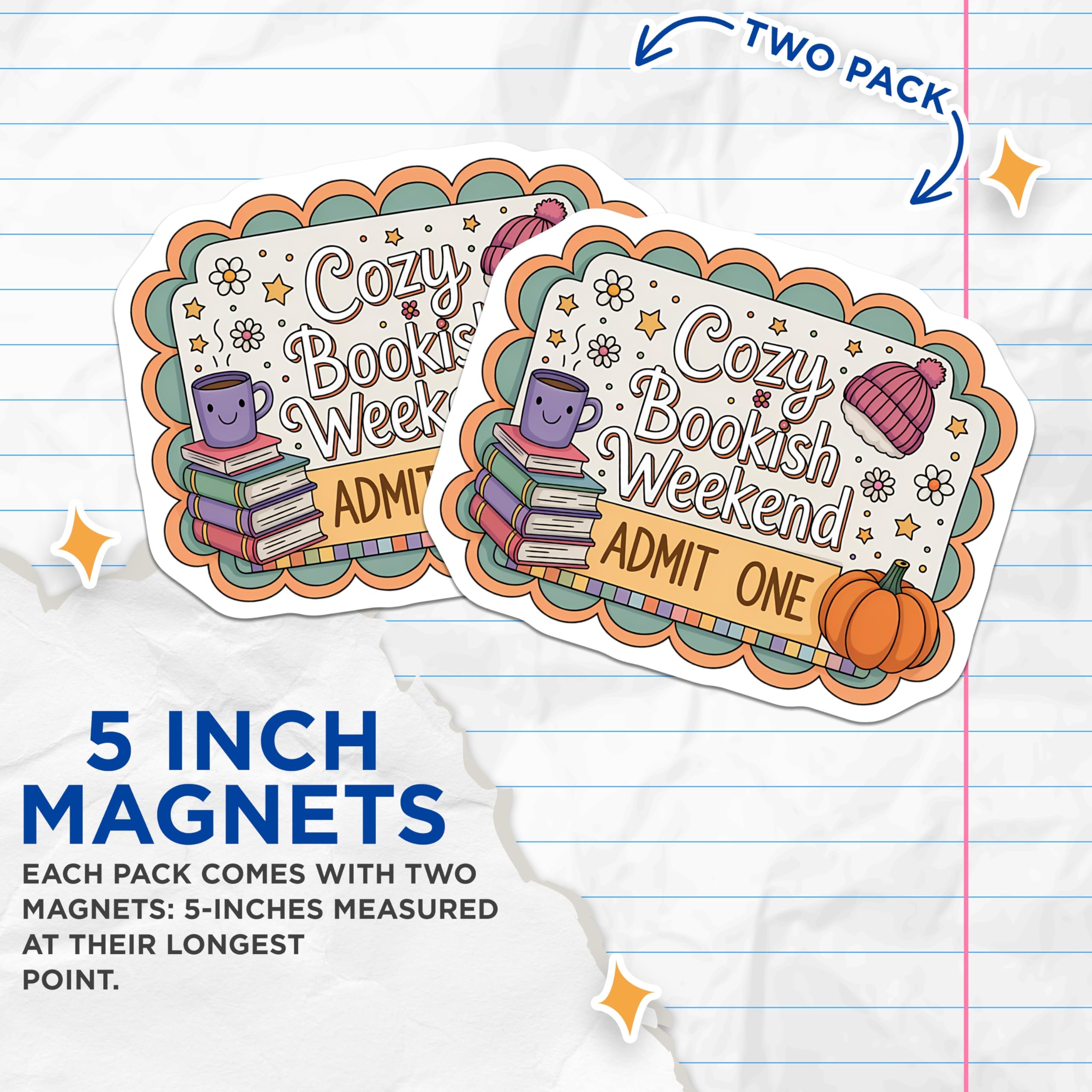 (2 Pack) Cozy Bookish Weekend Magnets - Autumn Reading Vibes - Pumpkin Beanie Decor - 5 Inches On Longest Side - Thick Durable Magnet - Made in USA - MAG20859