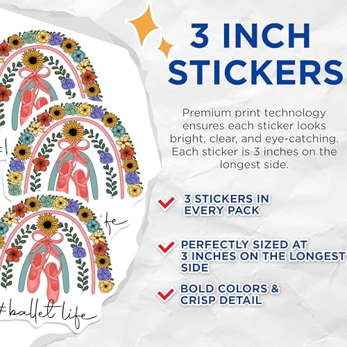 (3 Pack) Ballet Decals - Floral Rainbow - Ballet Life Laptop Decals - 3 Inches On Longest Side - Easy Peel & Apply - Made in USA - 3MCS2974
