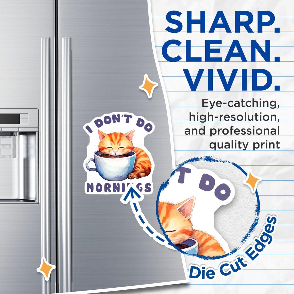 (2 Pack) Cat in Cup Magnets - Funny Cat Lover - I Dont Do Mornings Kitten Magnets - 5" On Longest Side - Premium Magnet - for Cars, Refrigerators, Toolboxes, Lockers - Made in USA - MAG15724