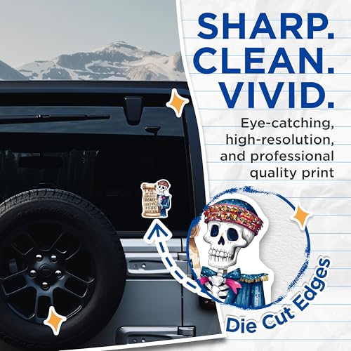 (2 Pack) Sarcastic Answer Stickers - Skeleton Holding Scroll Stickers - Witty and Humorous Stickers - 5" On Longest Side - Sticks to Smooth Flat Surfaces - Made in USA - BMCS4407