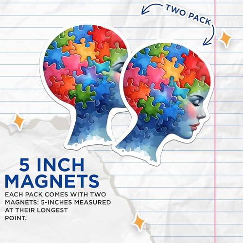 (2 Pack) Puzzle Piece Brain Art Magnets - Artistic Home Decor - Educational Enthusiast Magnets - 5" On Longest Side - for Cars, Fridges, Toolboxes - Made in USA - MAG6966