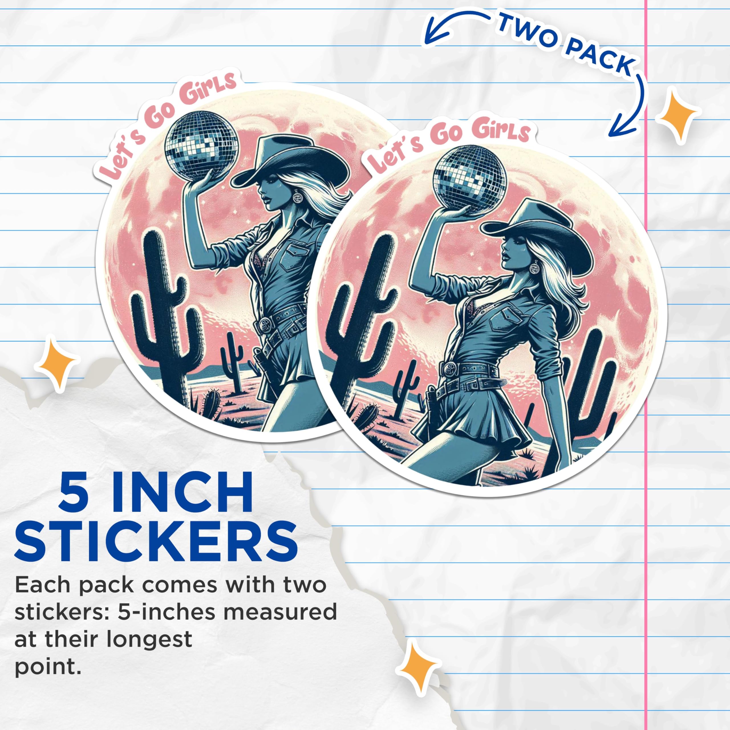 (2 Pack) Let's Go Girls Stickers - Disco Cowgirl Stickers - Western Retro Stickers - 5" On Longest Side - Sticks to Any Smooth Flat Surface - Made in USA - BMCS2580