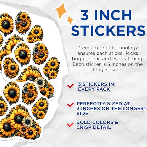 (3 Pack) Sunflower Paw Print Decals - Floral Paw Stickers - Dog Lover Laptop Decal - 3 Inches On Longest Side - Easy Peel & Apply - Made in USA - 3MCS6740