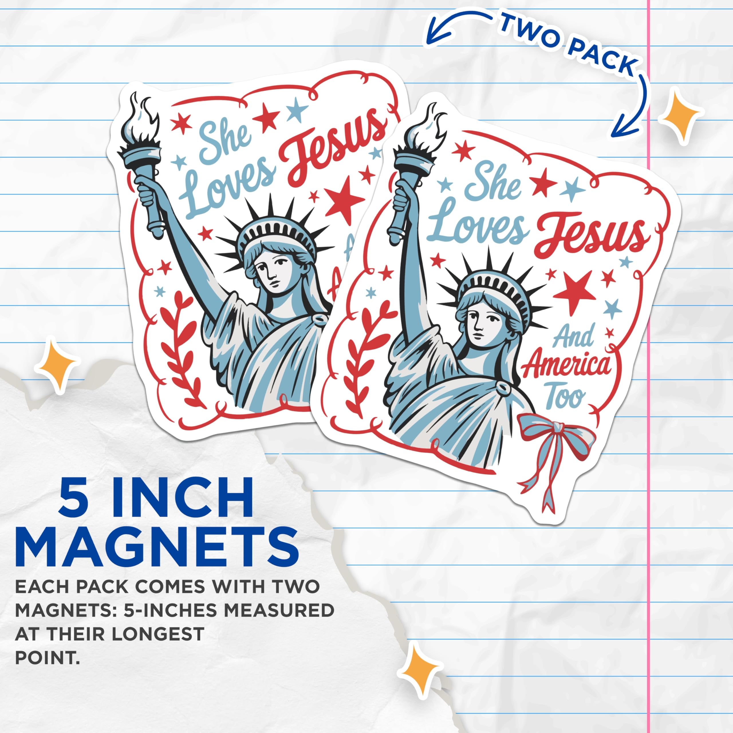 (2 Pack) Patriotic Christian Statue of Liberty Magnets - USA Religious Faith America - Liberty Torch Stars Bow Decor - 5 Inches On Longest Side - Thick Durable Magnet - Made in USA - MAG22657