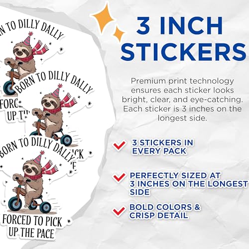 (3 Pack) Born to Dilly Dally Decals - Sloth on Bike - Funny Sloth Decal - 3 Inches On Longest Side - Easy Peel & Apply - Made in USA - 3MCS1660