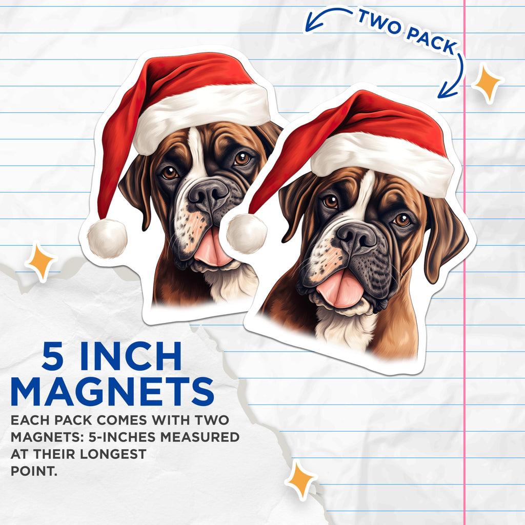 (2 Pack) Christmas Boxer Dog Magnets - Santa Hat Canine Pet Decor - Festive Holiday Animal Lover Home Accent - 5 Inches On Longest Side - Thick Durable Magnet - Made in USA - MAG23652