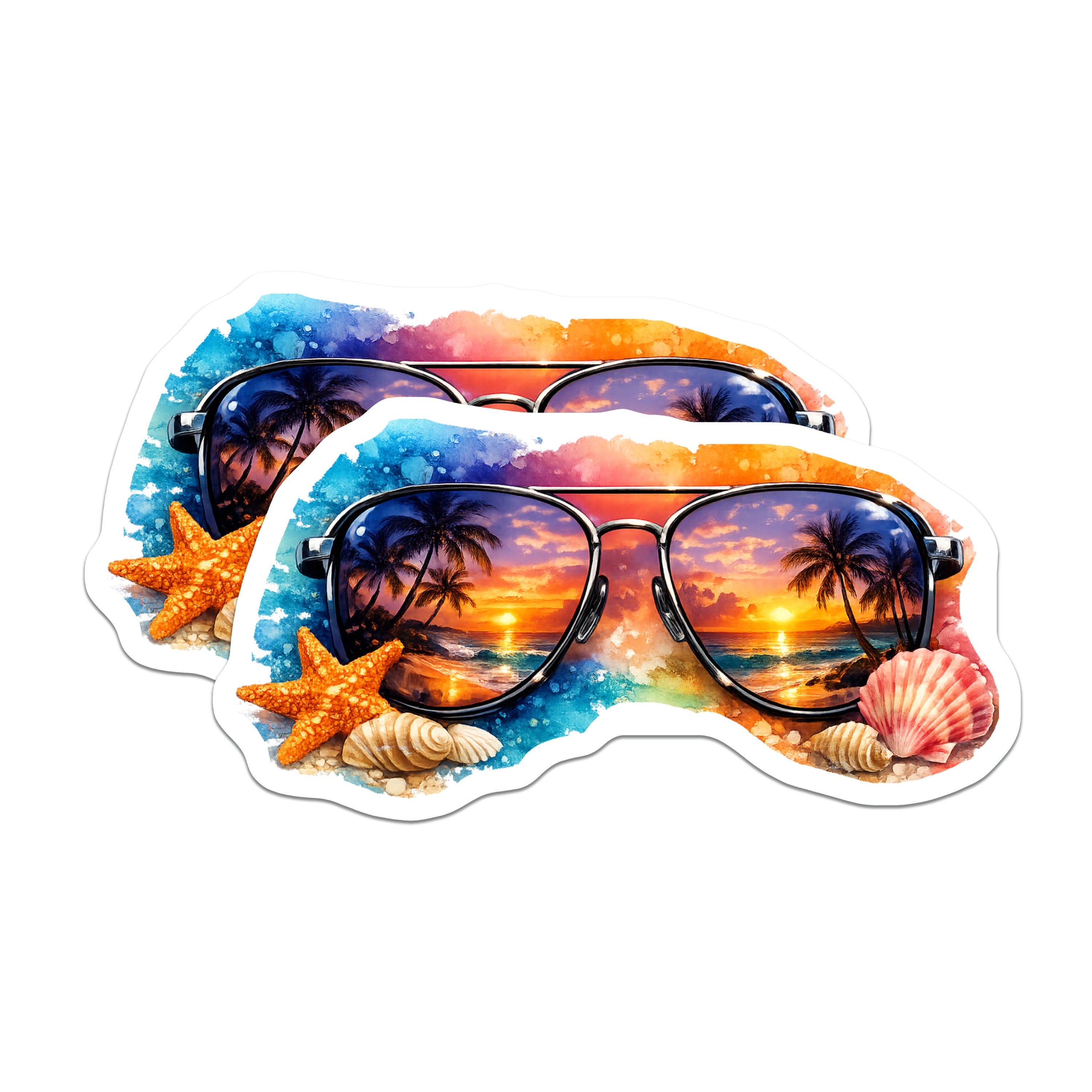 (2 Pack) Tropical Sunset Beach Magnets - Aviator Sunglasses Reflection - Ocean Palm Tree Refrigerator Decor - 5 Inches On Longest Side - Thick Durable Magnet - Made in USA - MAG37250