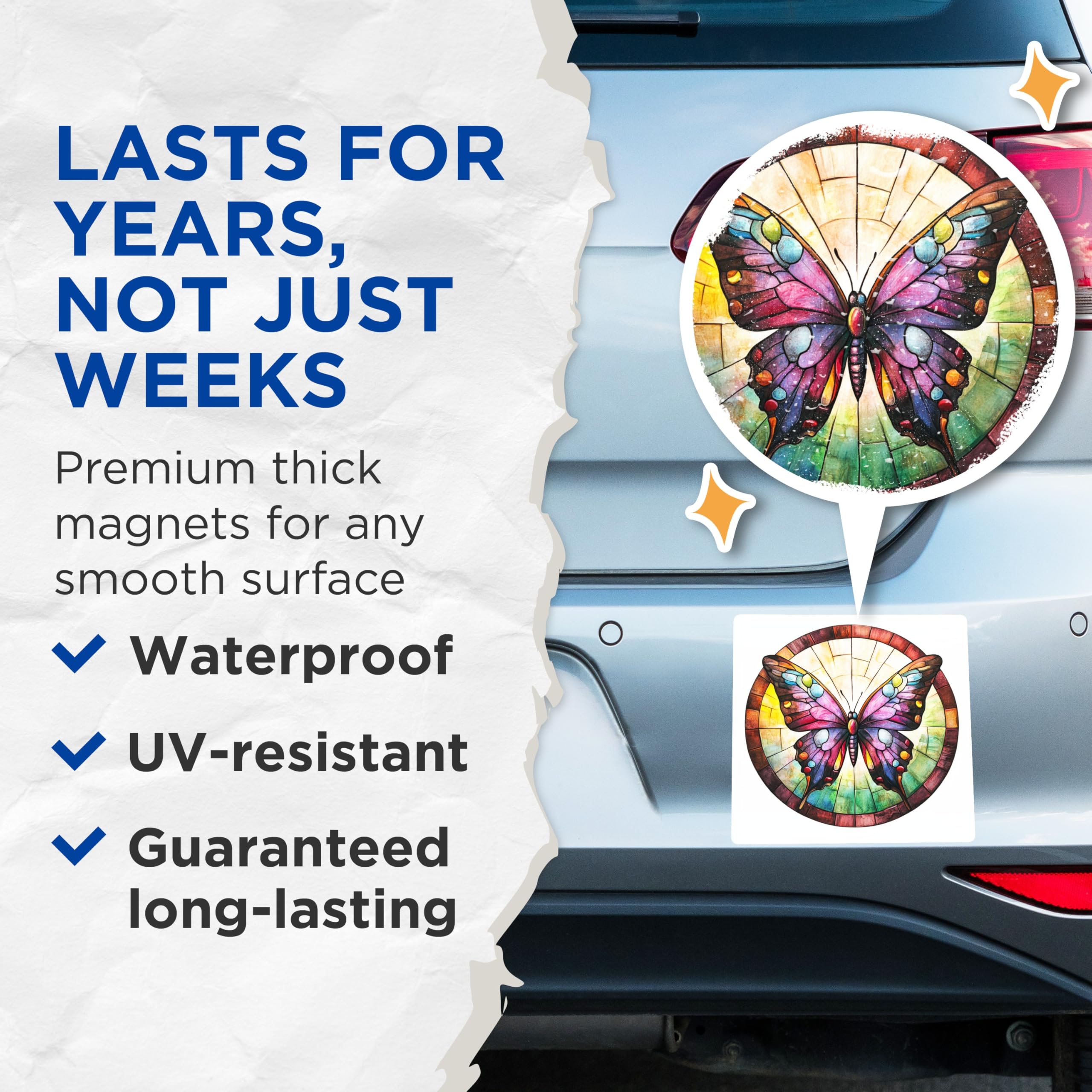 (2 Pack) Stained Glass Butterfly Magnets - Vibrant Nature Art - Refrigerator Decor Accent - 5 Inches On Longest Side - Thick Durable Magnet - Made in USA - MAG28890